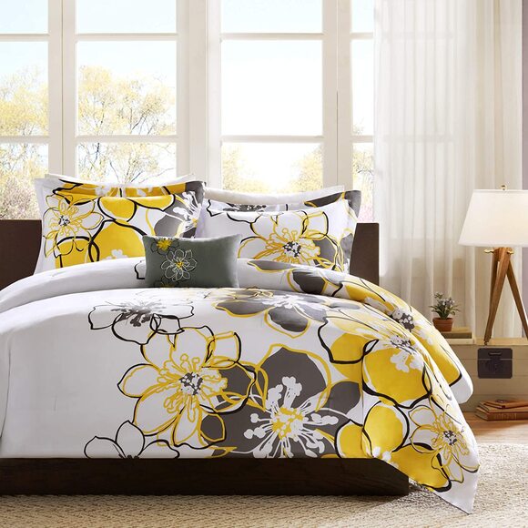 Mi Zone Allison Duvet Floral Design 4 Piece Comforter Set Yellow Full Queen - Picture 1 of 11